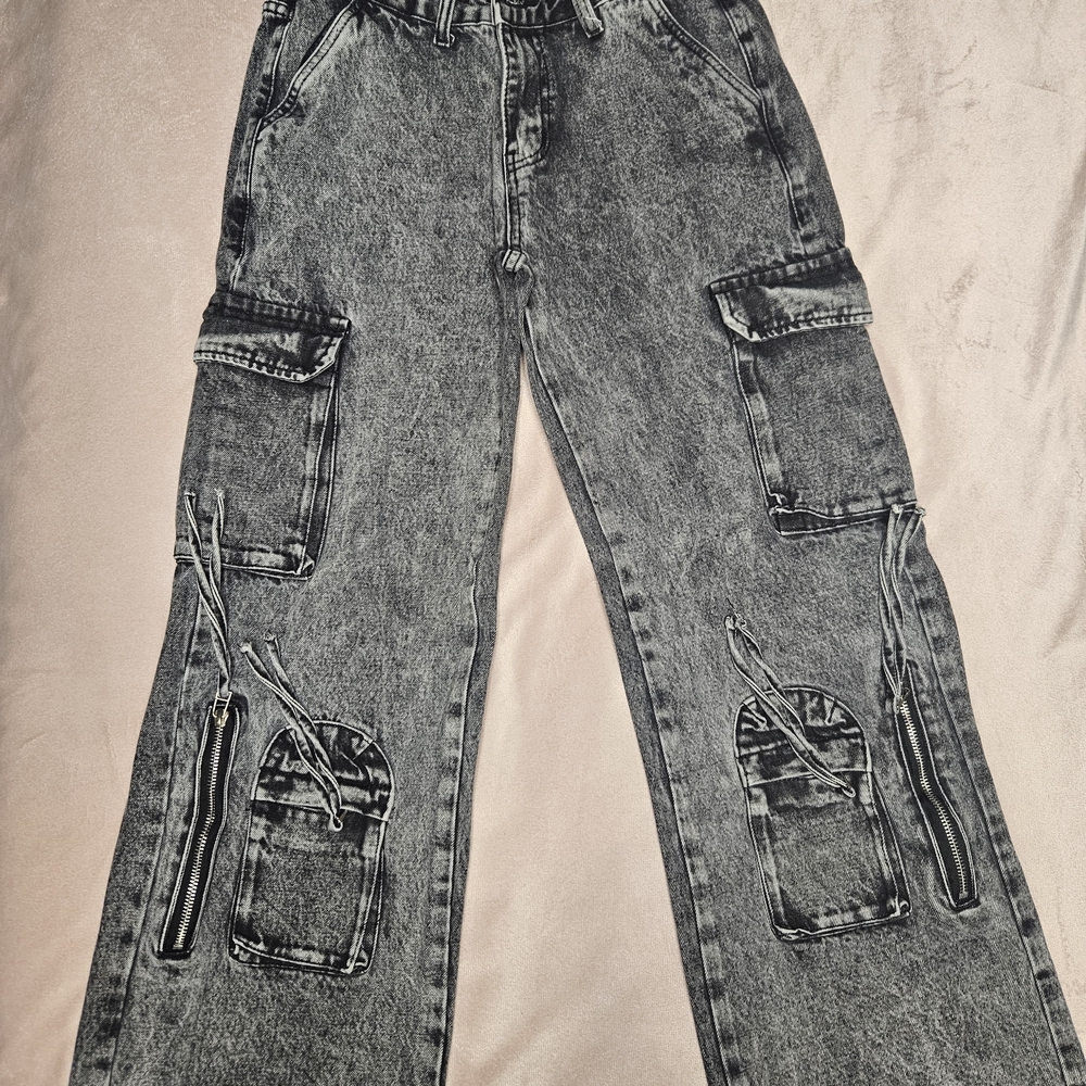 Charcoal Wash Cargo Jeans with Utility Pockets